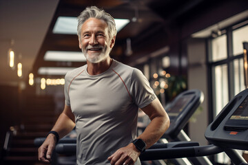 Happy Senior Man Running on Treadmill in Gym