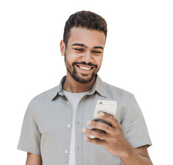 Wall Mural - Young handsome man with smartphone isolated transparent PNG. Smiling student men looking at mobile phone isolated portrait. Modern lifestyle, connection, business concept