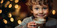 Child Drinks A Hot Drink On A Blurred Background Generative AI