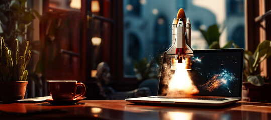 Rocket takes off from the laptop screen. Concept of innovation and development with copy space