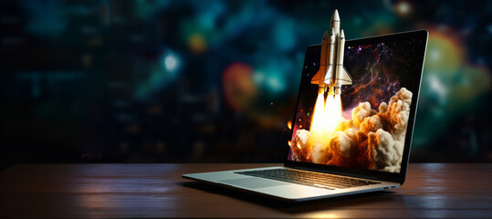 Wall Mural - Rocket takes off from the laptop screen. Concept of innovation and development with copy space