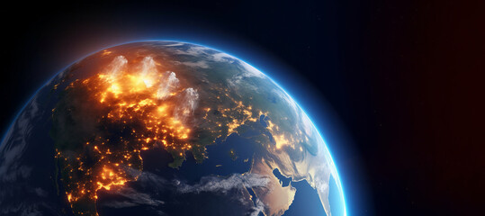 Wall Mural - earth on fire view from space with copy space