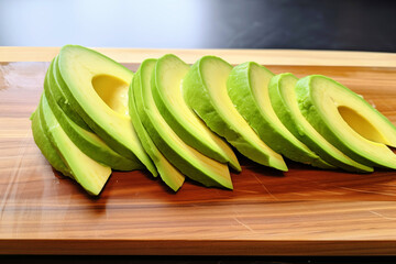 Wall Mural - Sliced avocado on wooden tray. Generative AI