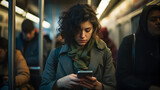 Fototapeta  - Candid shot of a woman using her smartphone while in subway commute, engrossed in work and connectivity