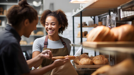 A smiling female baker offering customer service as she hands over the order to the customer