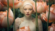 Sinnliches Portrait einer Frau zwischen Lotusblumen. Surrealistischer Stil. Gedeckte Pastellfarben. Fotorealistische Illustration