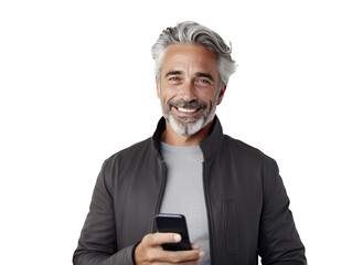 medium shot of mature man with a cell phone  white 
 background, PNG, overlay, transparent background