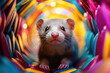 Playful ferret peeking out from a colorful tunnel