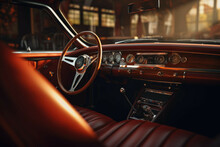 Close-up Of A Vintage Car's Plush Leather Seats And Retro Dashboard With Glowing Dials