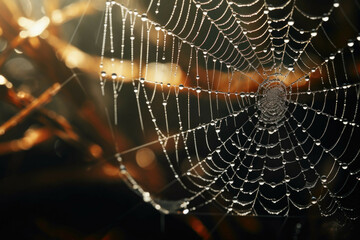 Macro view of a spider spinning its intricate web between branches.