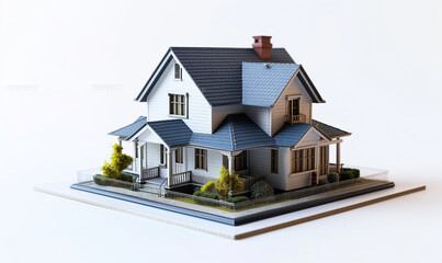 Wall Mural - The image is a close-up photo of a scale model house. The house is made of wood and has a blue tile roof. The front of the house has a white picket fence and a red door. There are two windows on the f