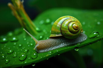 Close-up of a snail crawling on a green leaf.