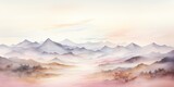 Fototapeta Natura - Soft pastel color watercolor abstract brush painting art of beautiful mountains, mountain peak minimalism landscape with golden lines, panorama banner illustration, white background