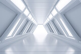 Fototapeta Do przedpokoju - Empty Long Light Corridor, Futuristic Modern White Sci-Fi Triangle Tunnel Background