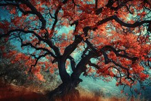 A Vibrant Maple Tree Stands Tall, Its Fiery Red Leaves Creating A Stunning Painting Against The Crisp Autumn Sky