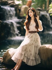 A woman in a white dress is sitting on a rock in a park