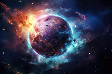 Wall Mural - mysterious gas cloud planet with swirling nebulae and cosmic dust.