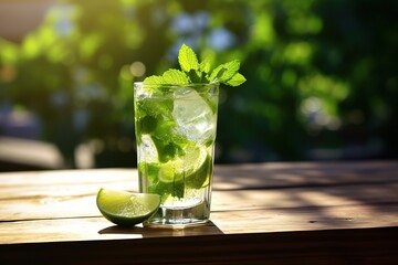 Alcoholic mojito with ice and mint on wooden table