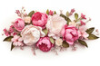 Pink peonies, white roses isolated on white background. Floral banner, flower cover or header with vintage bouquets