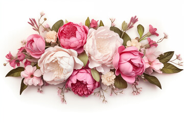pink peonies, white roses isolated on white background. floral banner, flower cover or header with v