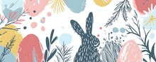 Happy Easter Banner. Trendy Easter Design With Typography, Hand Painted Strokes And Dots, Eggs And Bunny In Pastel Colors. Modern Minimal Style