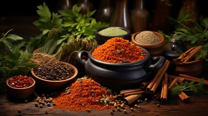 Sticker - spices and herbs on wooden table