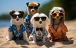 © QuietWord - happy dogs group portrait at beach look cool in Hawaii shirt cute and funny animal portrait summer theme, Generative Ai