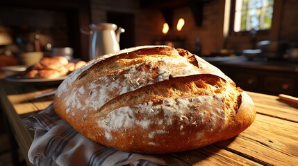 Batard loaf bread with dough slash, homemade bread on table, rustic , cottage background, Generative Ai