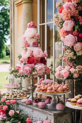 Sticker - Dessert buffet with peony flowers, catering for wedding, party and holiday celebration, cakes and desserts in a countryside garden, generative ai