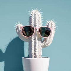 Wall Mural - Cactus wearing pink sunglasses in a white pot against a blue background. The whimsical and stylish scene highlights creativity and modern design.