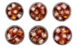 Collection of PNG. Coke in glass, top view or high angle shot Coca Cola with ice and drinking, isolated on a transparent background.