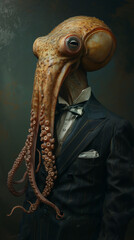 Wall Mural - Fantastic character of an octopus businessman in a suit on a dark background