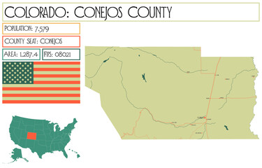  Large and detailed map of Conejos County in Colorado USA.