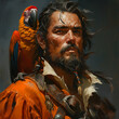 Portrait of a pirate with parrot on his shoulder