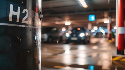 Wall Mural - Large H2 (hydrogen) gas storage tank adjacent to a parking area equipped with multiple hydrogen fueling stations for eco-friendly vehicles.