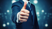 Businessman Hand In Suit Showing Thumb Up On Isolated Blue Background With Space For Copy