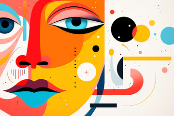 Abstract composition of facial elements with vibrant colors. Artistic interpretation of facial features using geometric shapes in pop and cubist style.