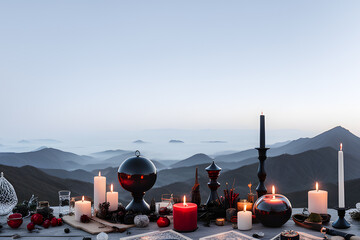 Wall Mural - burning candle, moon symbol, amulet and crystal ball lying on a light natural background. Witchcraft, esoteric spiritual ritual. photo Playground AI platform.