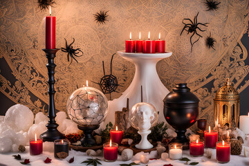 Wall Mural - burning candle, moon symbol, amulet and crystal ball lying on a light natural background. Witchcraft, esoteric spiritual ritual. photo Playground AI platform.