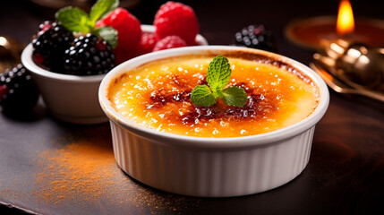 Creme brulee in a plate. Selective focus.