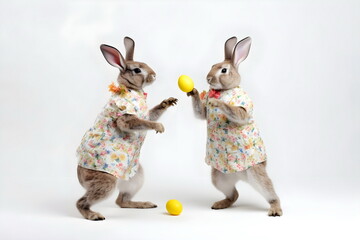 Wall Mural - dancing easter rabbits with painted eggs isolated on white background, Generative AI