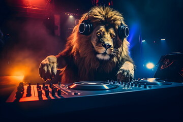 lion DJ with mixer in a night club, Generative AI