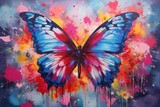  a painting of a blue butterfly with multicolored paint splatters on it's wings and wings.