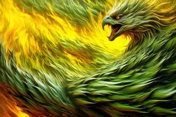  a painting of a green and yellow bird with its mouth open and eyes wide open in front of a yellow background.