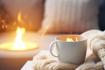 Sticker -  a cup of coffee sitting on top of a table next to a blanket and a lit candle on top of a table.