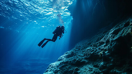 Wall Mural - scuba diver at the edge of a drop-off, endless deep blue abyss, feeling of awe and solitude