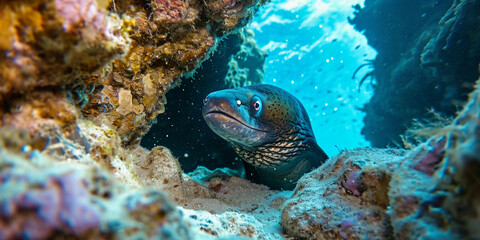 Wall Mural - scuba diver capturing a photo of a moray eel peeking out from a rock crevice, azure blue water