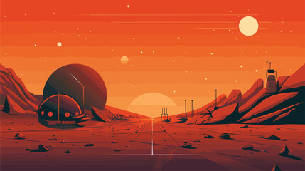 Wall Mural - future of space exploration through a vector scene envisioning the obstacles of colonizing mars.