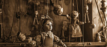 Rustic Puppet Theater, Vintage, Marionettes Hanging, Worn Textures, Magical Atmosphere