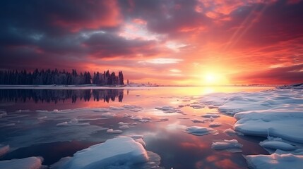 Wall Mural - winter landscape with frost, snow and ice on lake and sunset sky with dramatic colored clouds